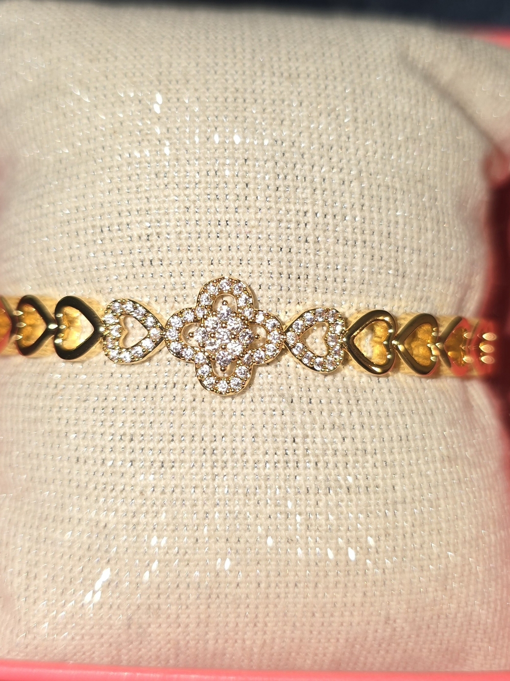 Gold Heart Link Bracelet with Crystal Flower Accent